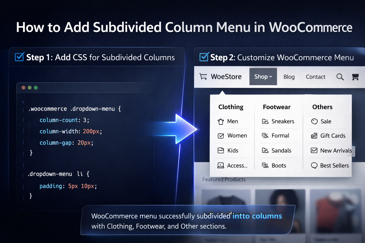 How to add the subdivided column menu in WooCommerce