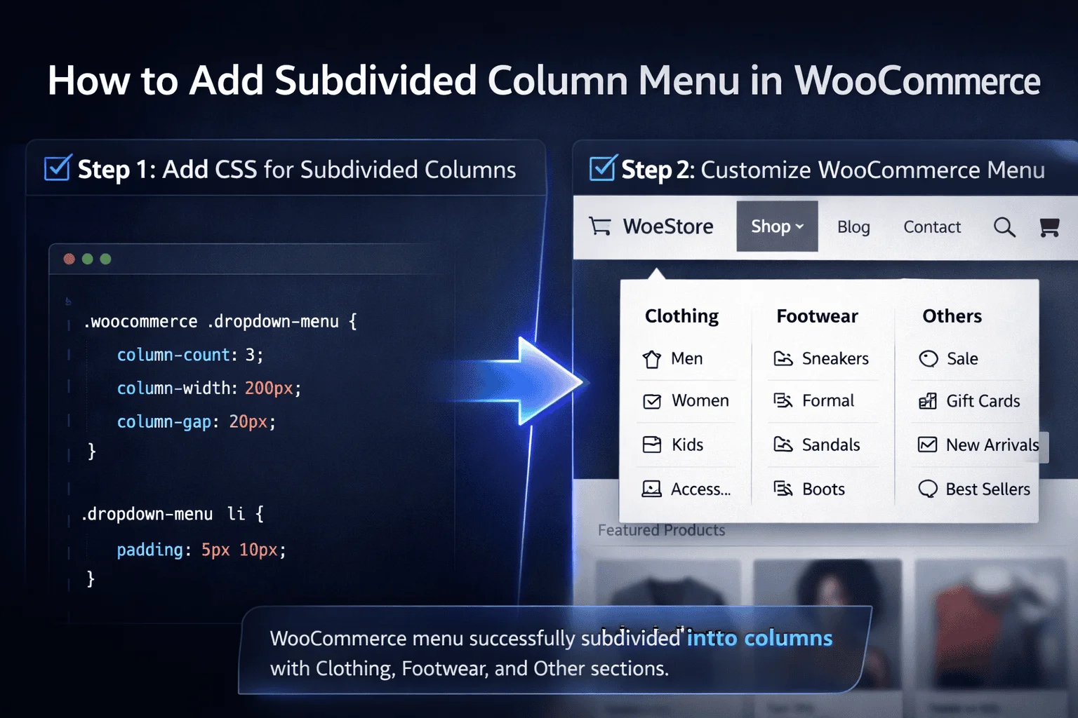 How to add the subdivided column menu in WooCommerce